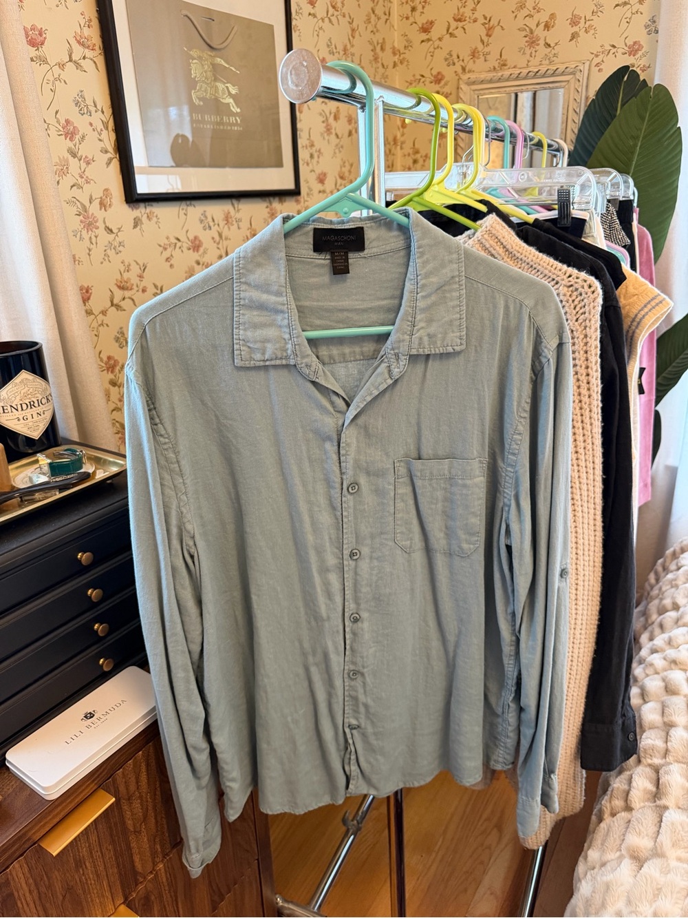Magaschoni dusty blue linen shirt sz M